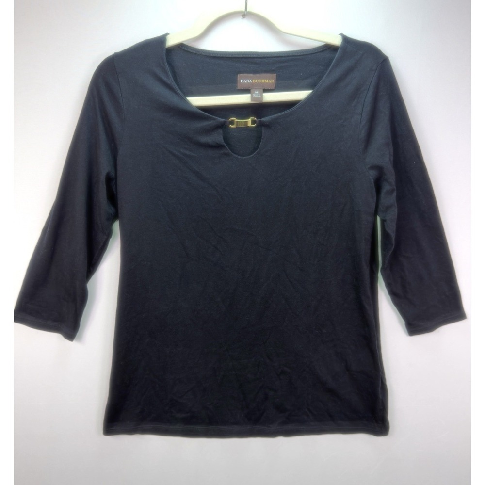 Dana Buchman Women Black 3/4 Sleeve Pullover Blouse Size M Gold Neckline Detail